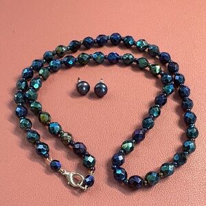 Vintage Blue and Green Beaded Necklace and Fresh Water Pearl stud earrings.